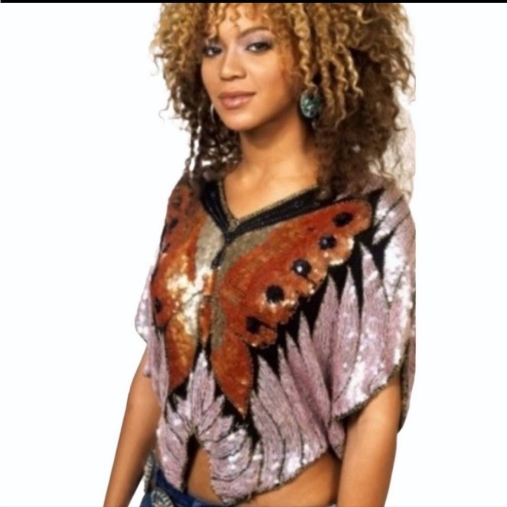 SPELLBOUND Vintage 1980s NWT Gold Sequin Beaded‎ Butterfly Poncho Size L